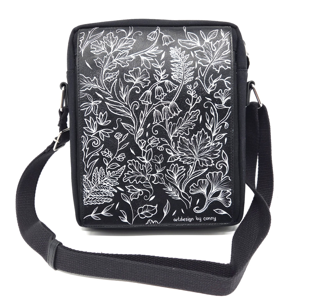 Tätowierte Tasche Canvas/Rindsleder schwarz "UN MER DE FLEURS"