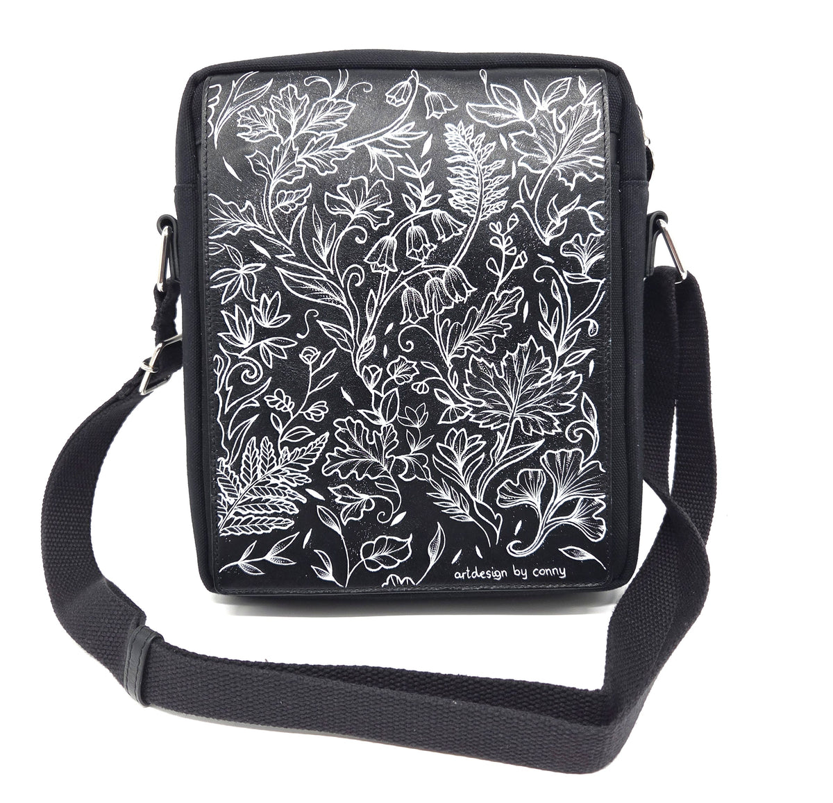 Tätowierte Tasche Canvas/Rindsleder schwarz "UN MER DE FLEURS"