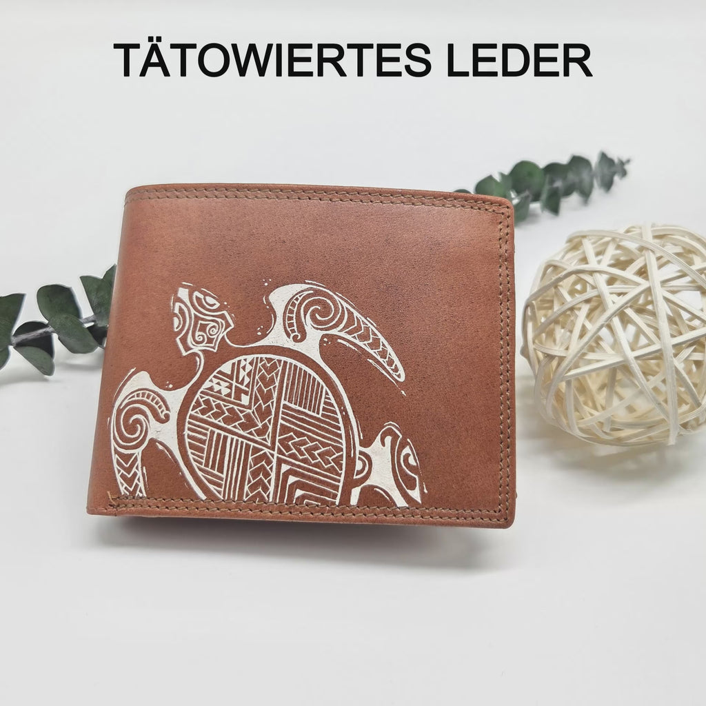 Tätowierte Geldtasche Hunterleder braun "SCHILDKRÖTE"